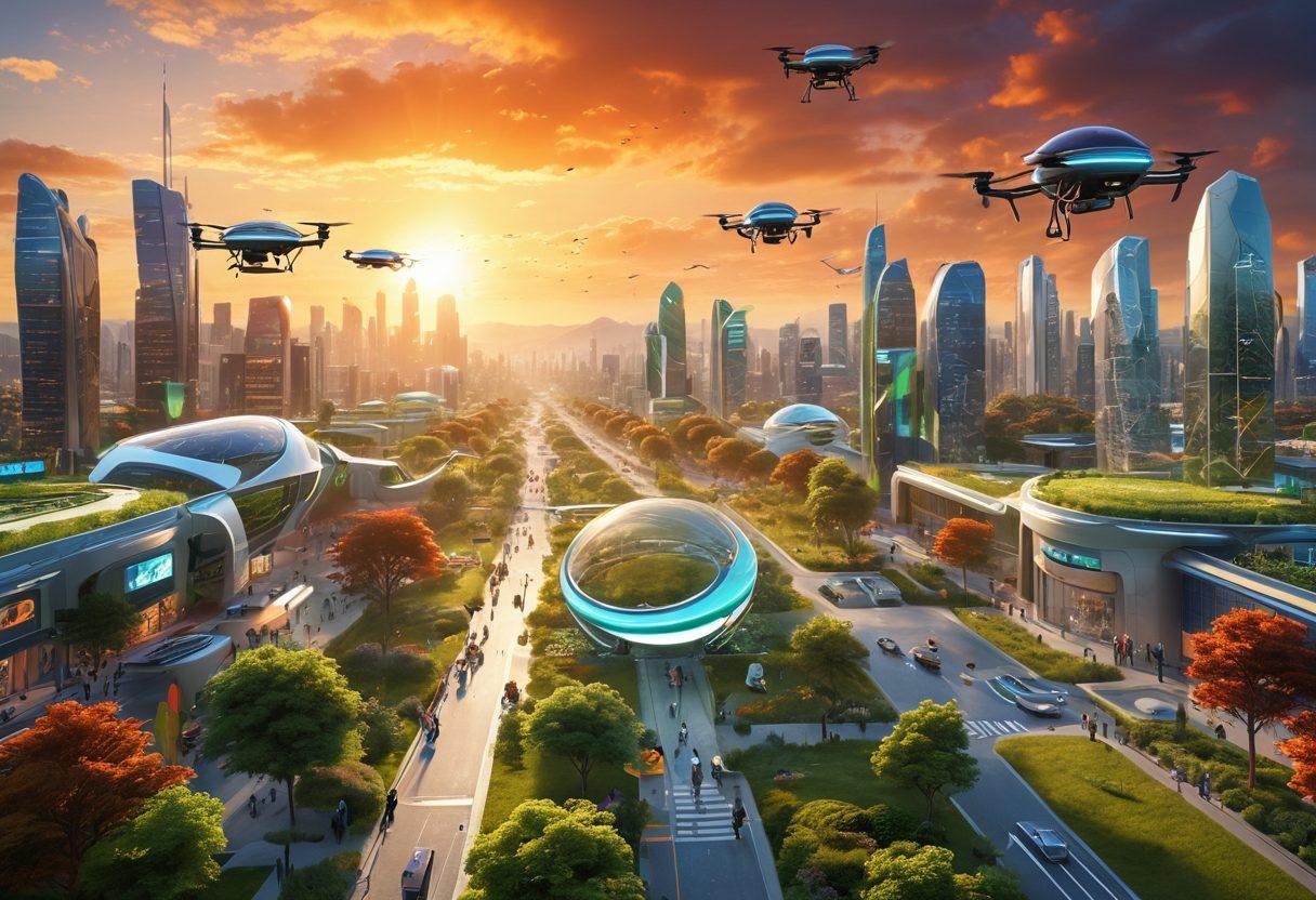 A futuristic cityscape showcasing innovative technology products like drones, smart devices, and advanced community platforms, with diverse people interacting joyfully. The background should include a vibrant sunrise symbolizing hope and progress, and green spaces representing sustainability. The overall mood should evoke collaboration and innovation. super-realistic. vibrant colors. 3D.