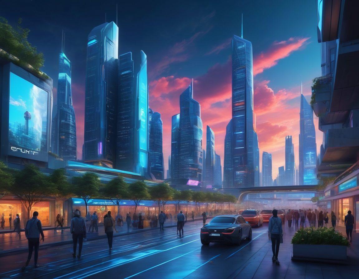 A futuristic cityscape showcasing diverse services and solutions, with advanced technology integrated into everyday life. Highlight people utilizing drones for deliveries, smart kiosks for information, and robots assisting in retail. Emphasize a clean environment with green spaces and vibrant, glowing elements representing innovation. The skyline should reflect progress with modern architecture, under a bright blue sky. cyberpunk. vibrant colors. super-realistic.