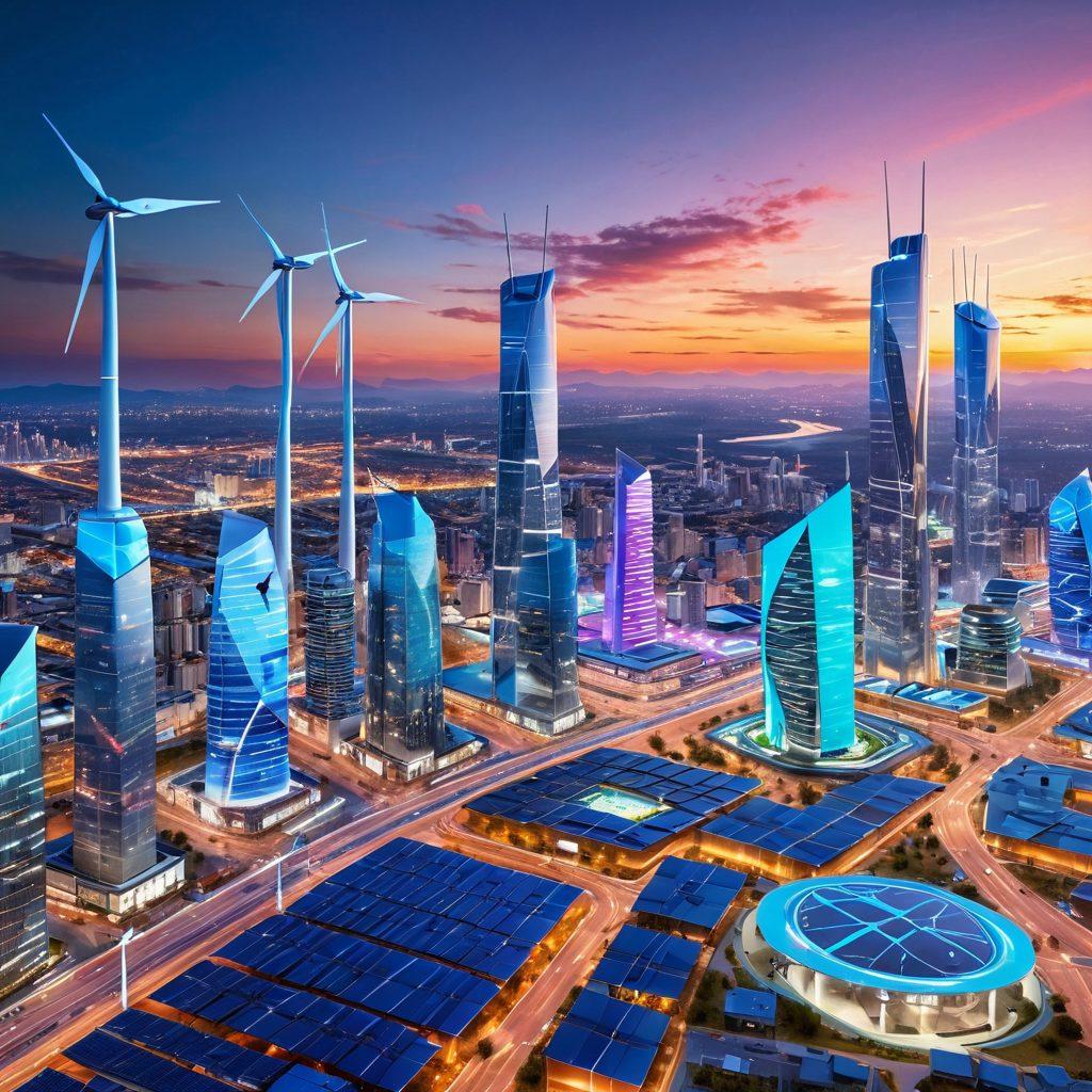 A futuristic city skyline with advanced technology integrated into the architecture, showcasing solar panels and wind turbines. People engaging with innovative services like holographic interfaces and electric vehicles in motion. The sky is filled with drones and digital advertisements, representing the tech-savvy environment. Bright colors and dynamic elements that illustrate a vibrant future. super-realistic. vibrant colors. 3D.